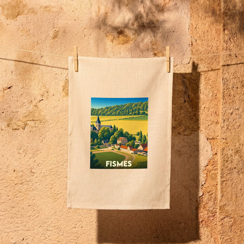 Torchon souvenir de la ville de Fismes avec une illustration stylisée d'un paysage rural champenois.