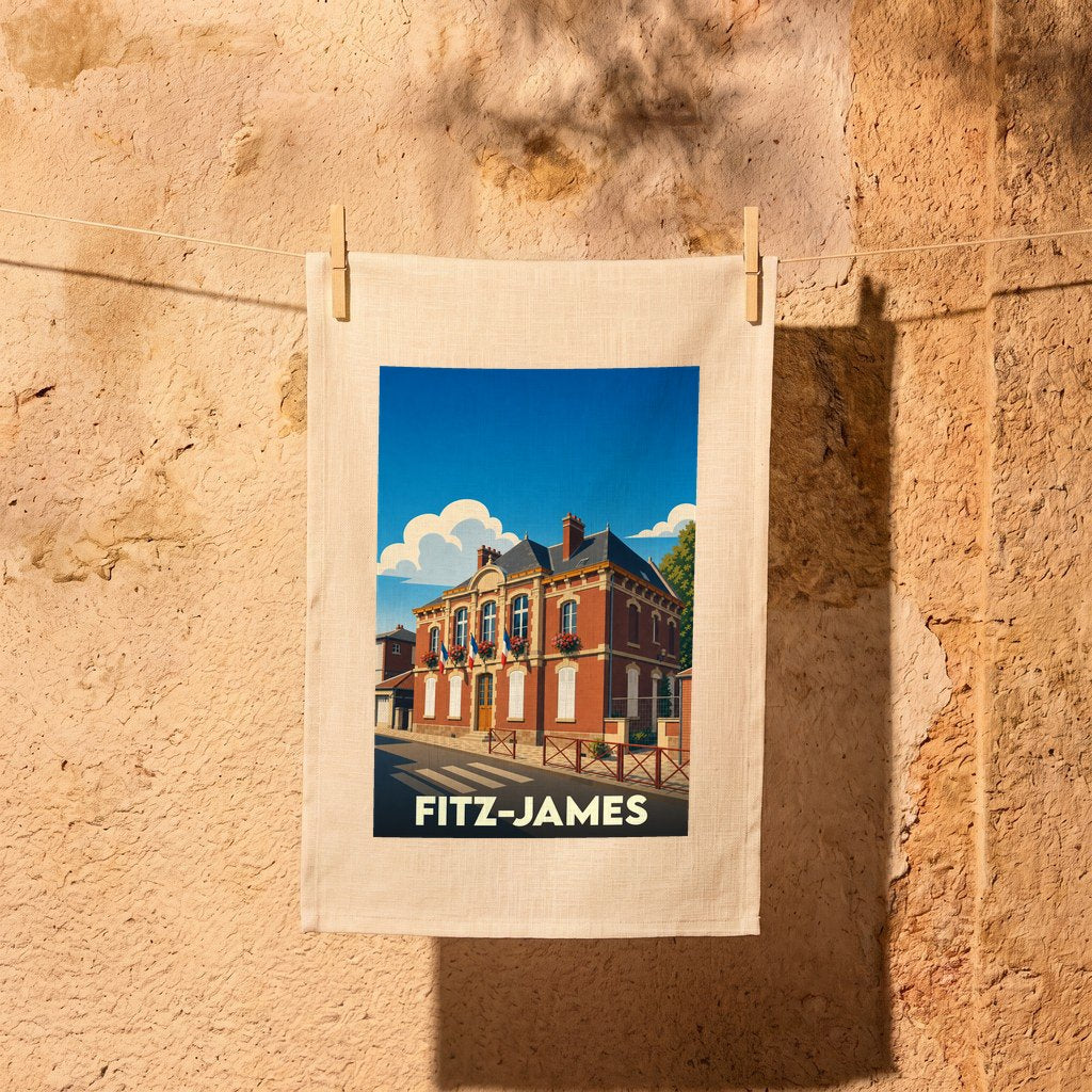 Torchon souvenir de la ville de Fitz-James avec une illustration stylisée.