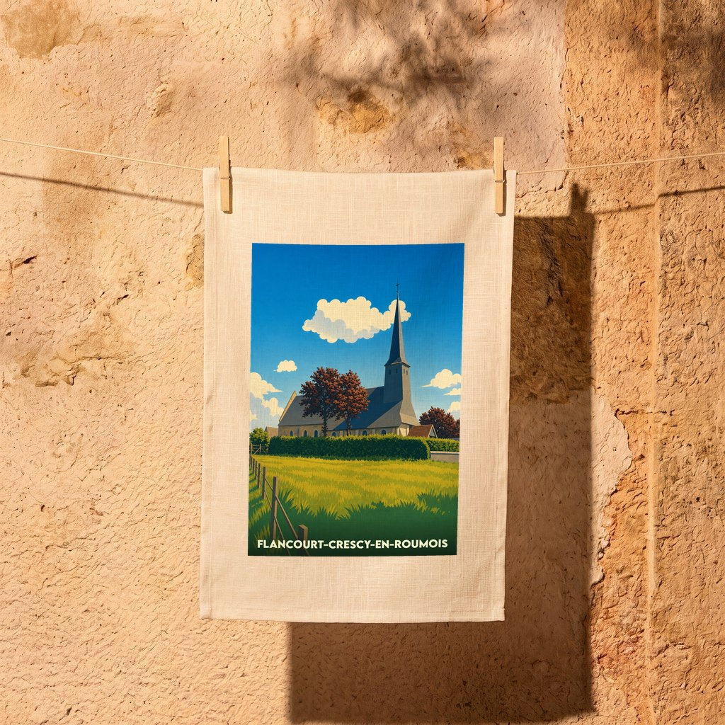 Torchon souvenir de la ville de Flancourt-Crescy-en-Roumois avec une illustration stylisée de son église et de sa campagne.