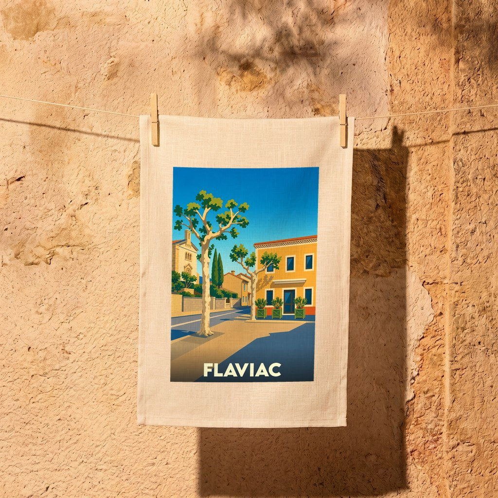 Torchon souvenir de la ville de Flaviac illustré d'une scène de rue stylisée et colorée.