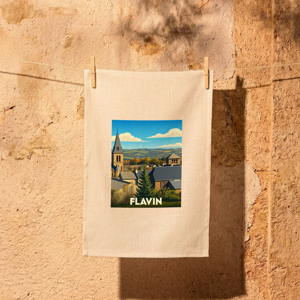 Torchon souvenir de la ville de Flavin avec une illustration stylisée.