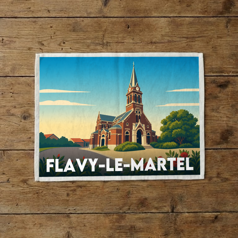 Torchon souvenir de la ville de Flavy-le-Martel avec une illustration stylisée de son église.
