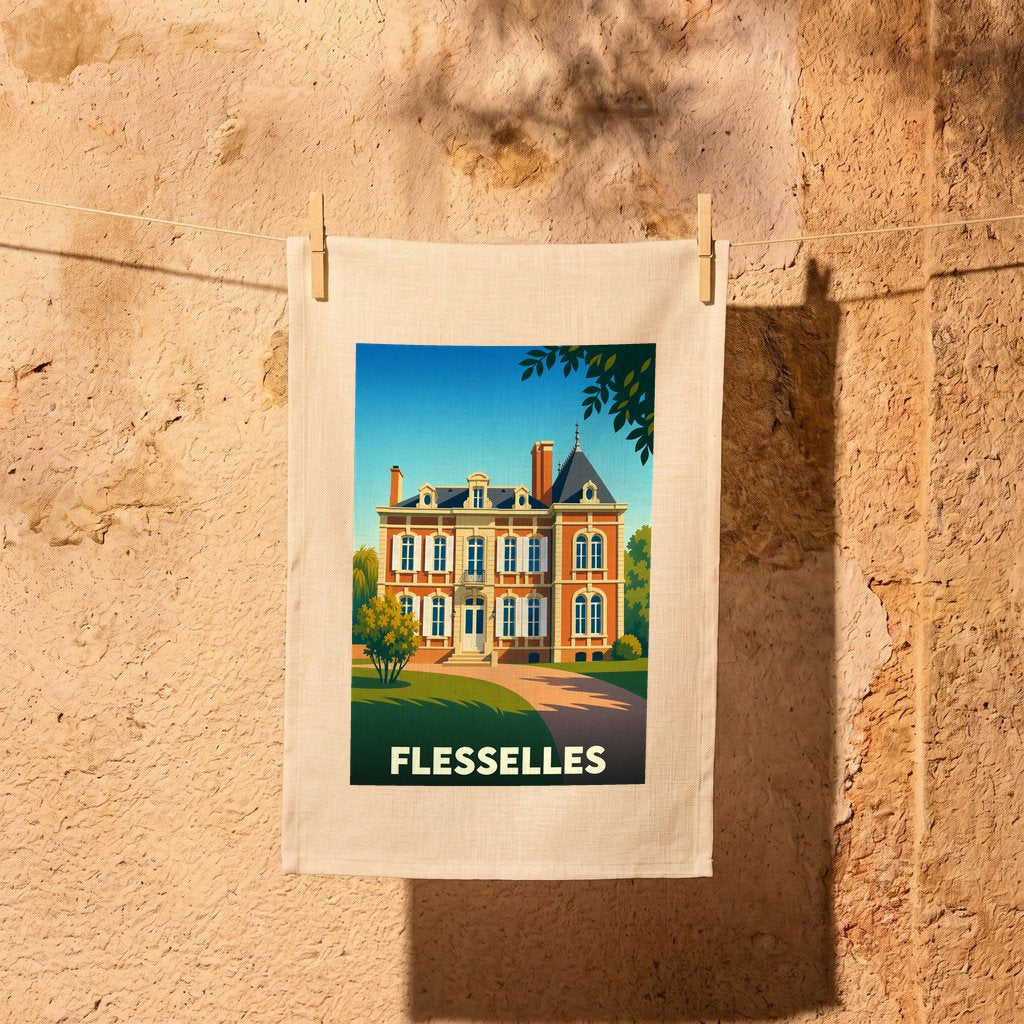 Torchon souvenir de la ville de Flesselles avec une illustration stylisée d'un château.