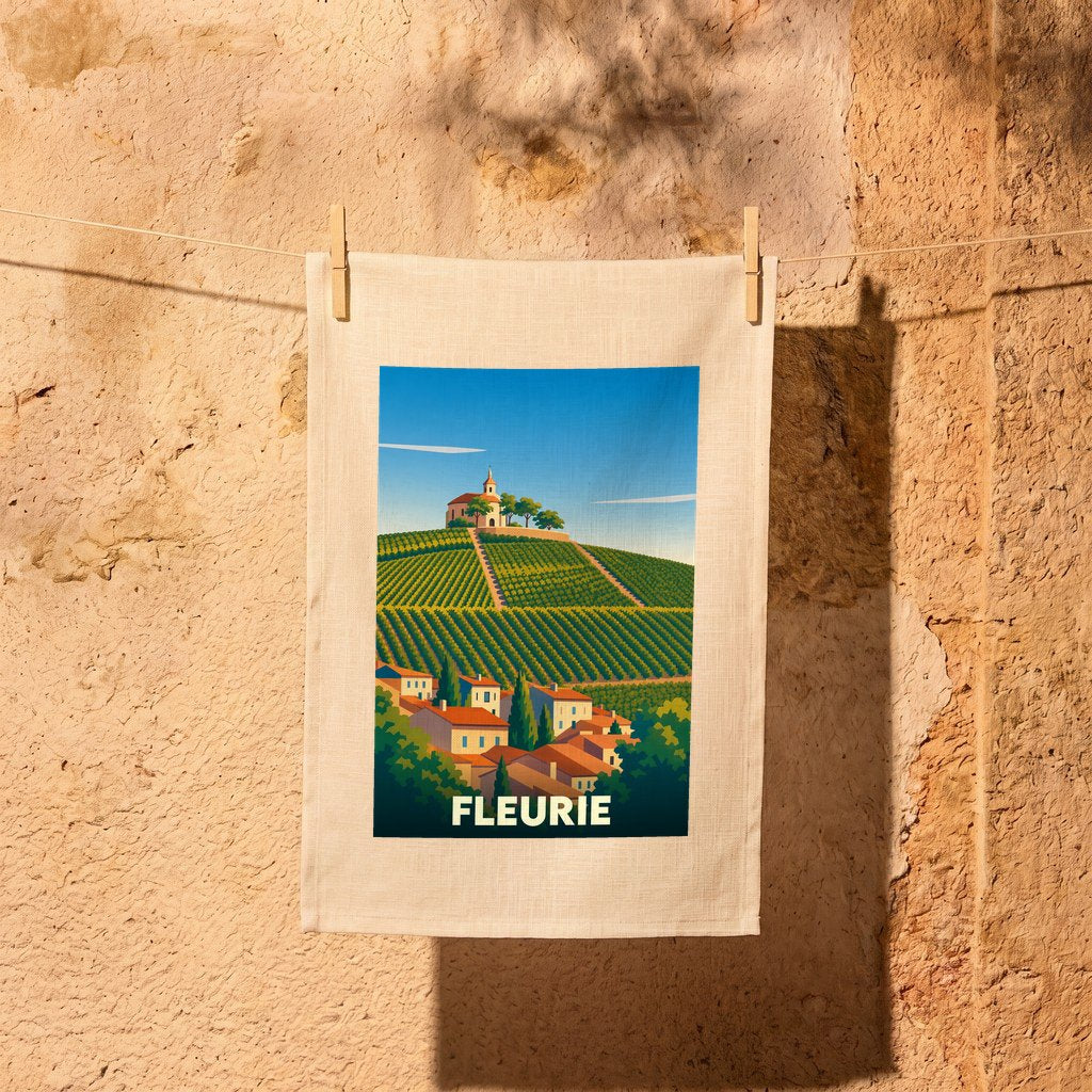 Torchon souvenir de la ville de Fleurie orné d'une illustration stylisée de son vignoble et de son église.