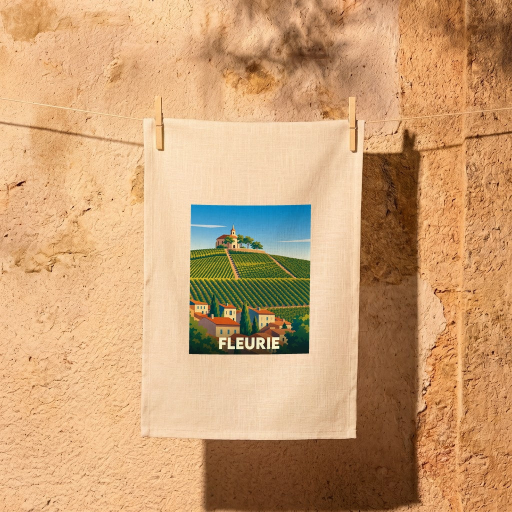 Torchon souvenir de la ville de Fleurie orné d'une illustration stylisée de son vignoble et de son église.
