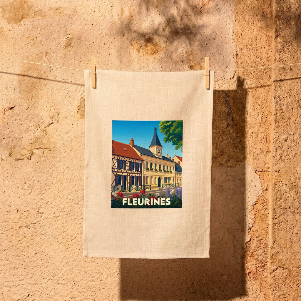 Torchon souvenir de la ville de Fleurines avec une illustration stylisée d'un paysage urbain fleuri.