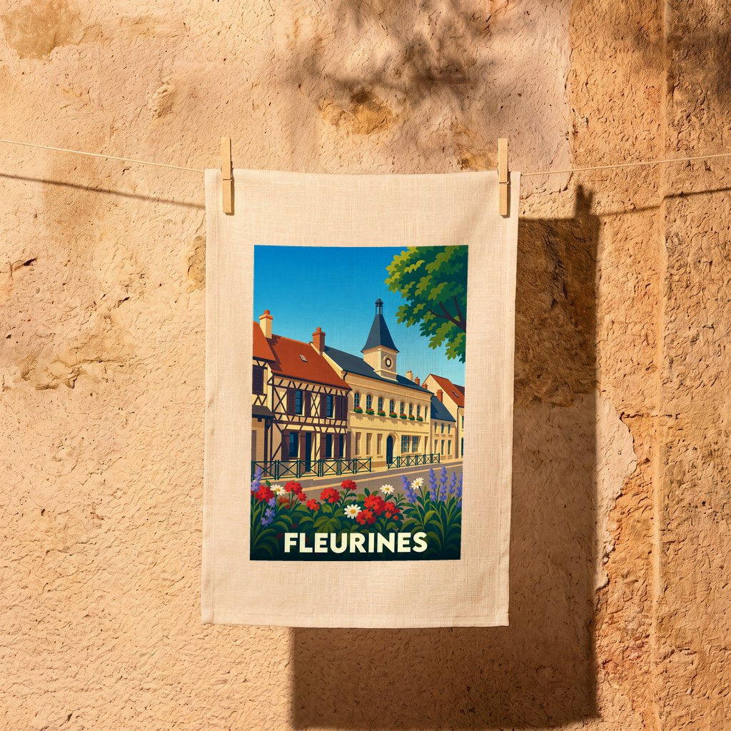Torchon souvenir de la ville de Fleurines avec une illustration stylisée d'un paysage urbain fleuri.