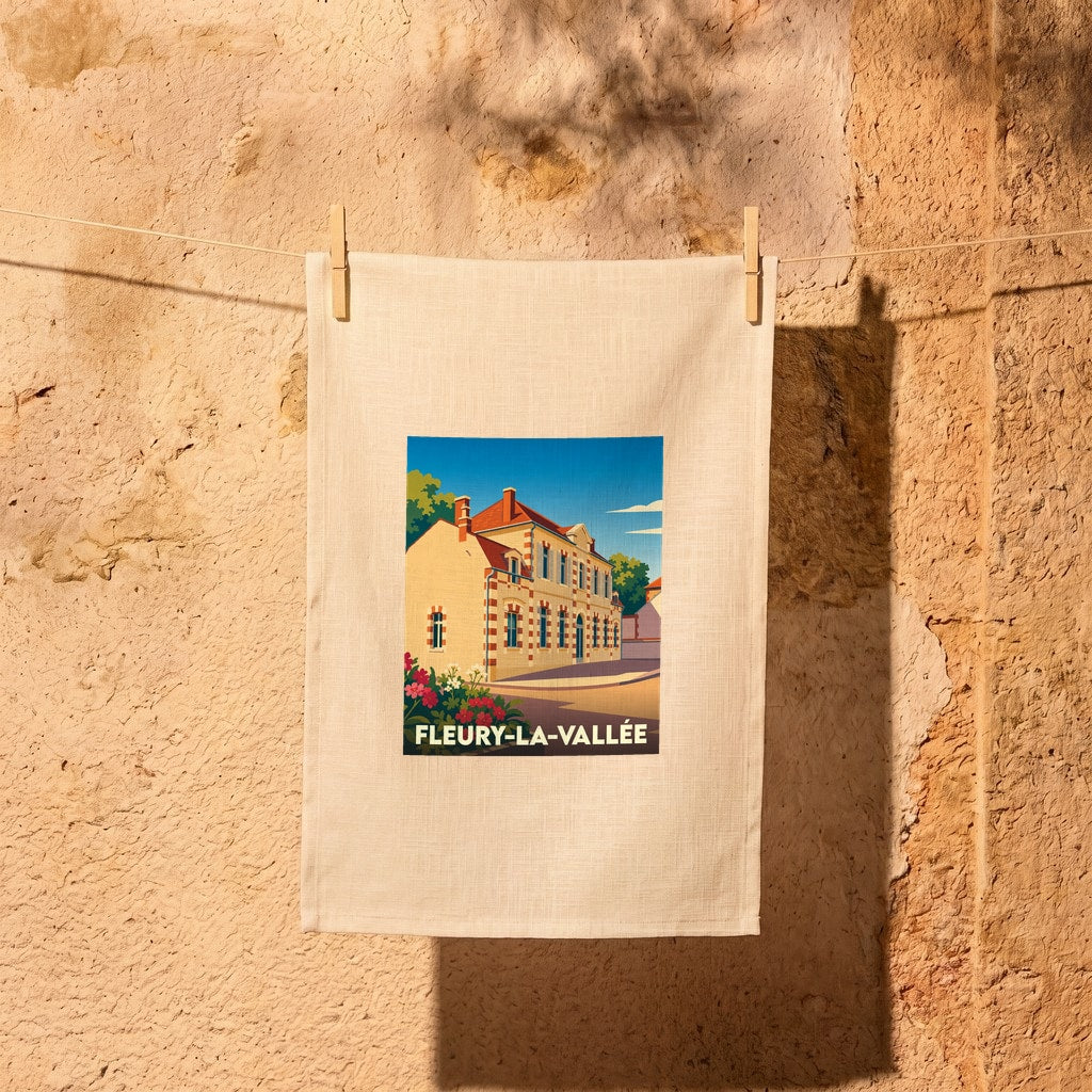 Torchon souvenir de la ville de Fleury-la-Vallée avec une illustration stylisée.