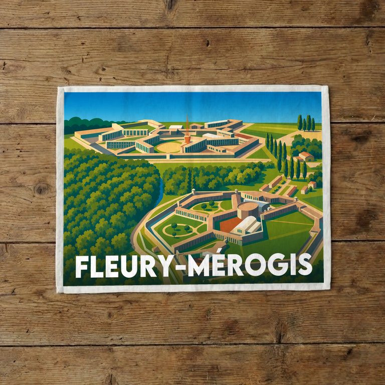 Torchon souvenir de la ville de Fleury-Mérogis avec une illustration stylisée.