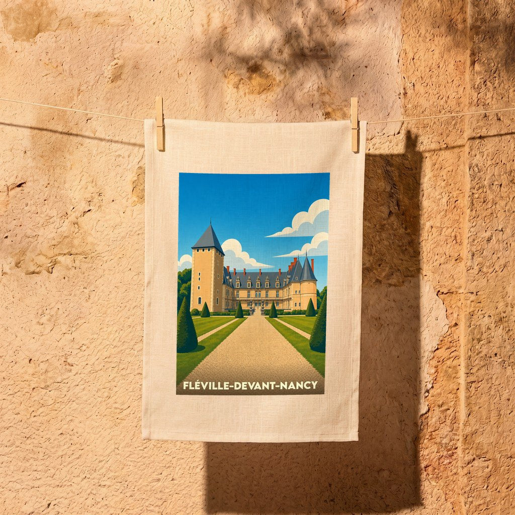 Torchon souvenir de la ville de Fléville-devant-Nancy avec une illustration stylisée de son château.