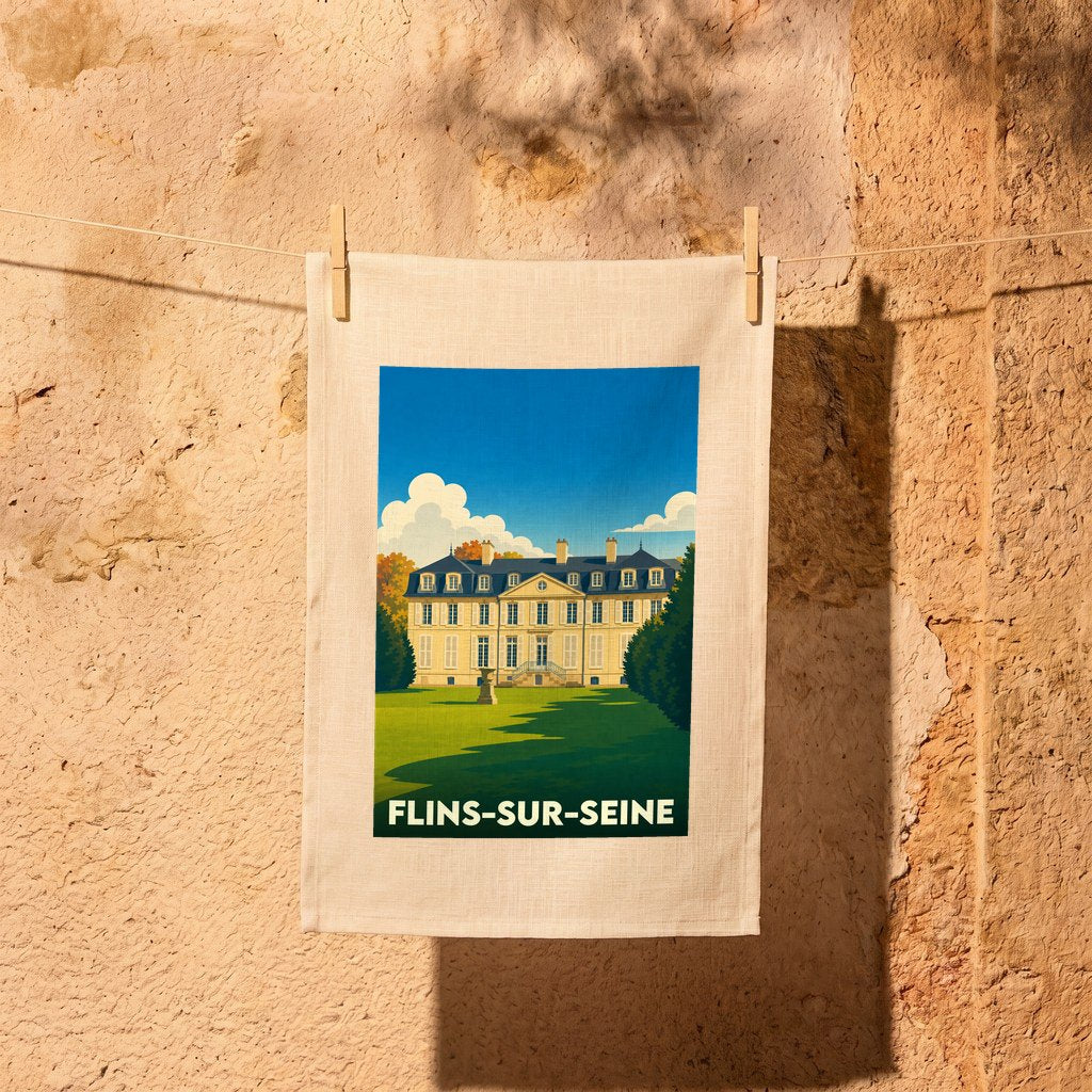 Torchon souvenir de la ville de Flins-sur-Seine avec une illustration stylisée d'un château.