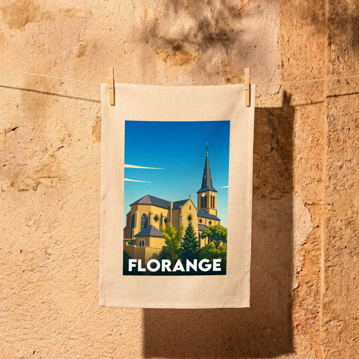 Torchon souvenir de la ville de Florange avec une illustration stylisée de son église sur fond de ciel bleu.