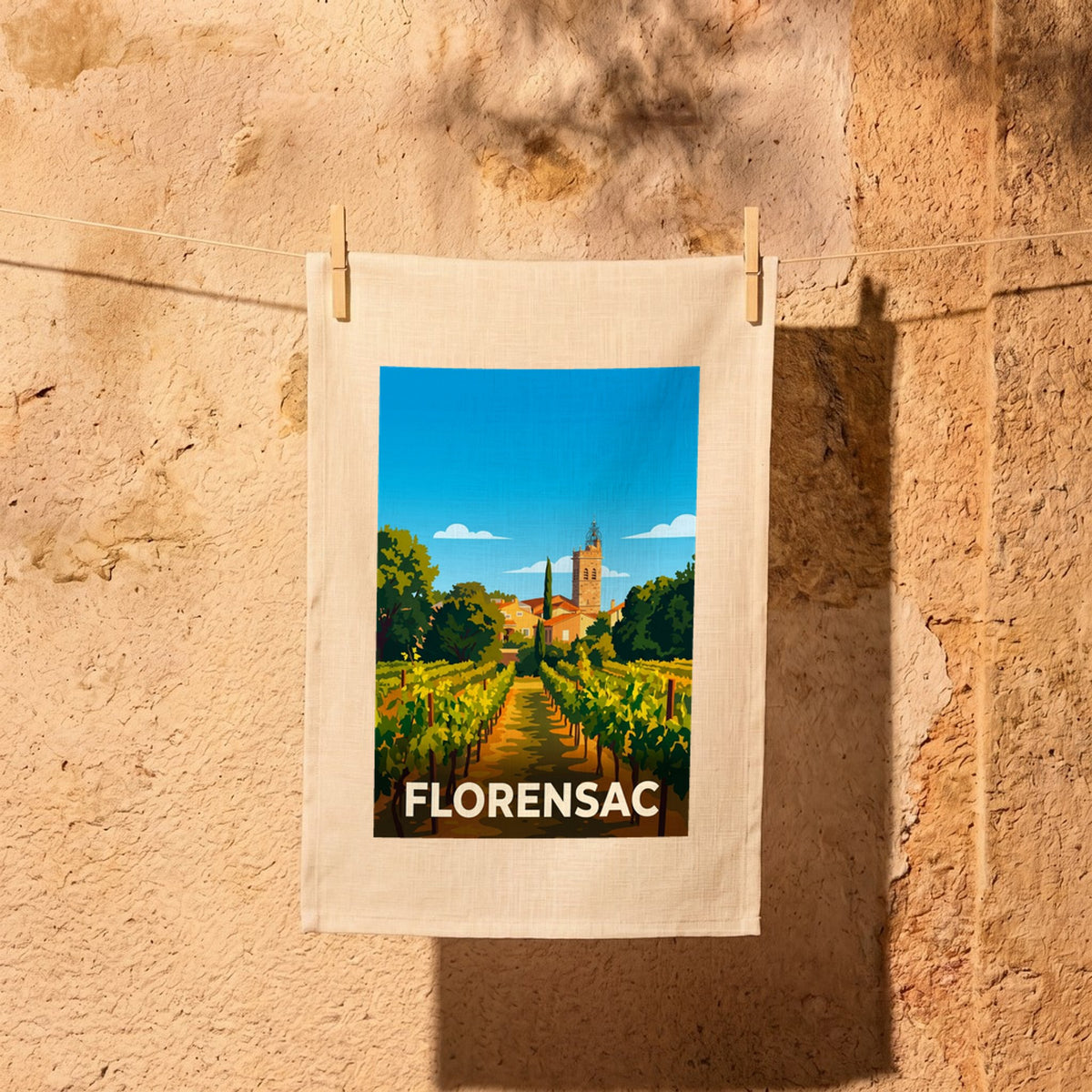 Torchon souvenir de la ville de Florensac avec une illustration stylisée de ses vignobles et de son clocher.