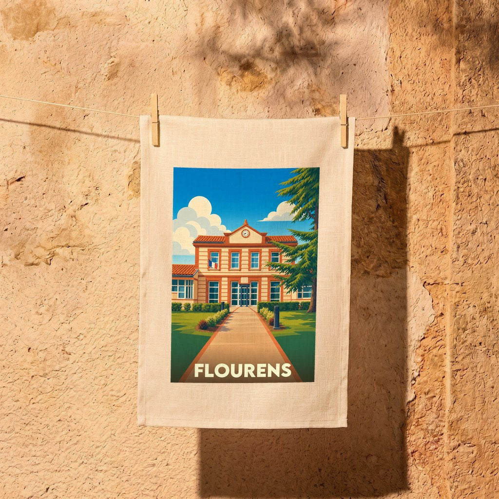 Torchon souvenir de la ville de Flourens avec une illustration stylisée de sa mairie.