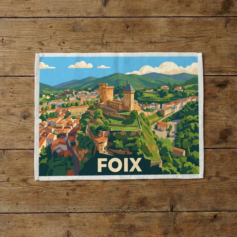 Torchon souvenir de la ville de Foix avec une illustration stylisée.