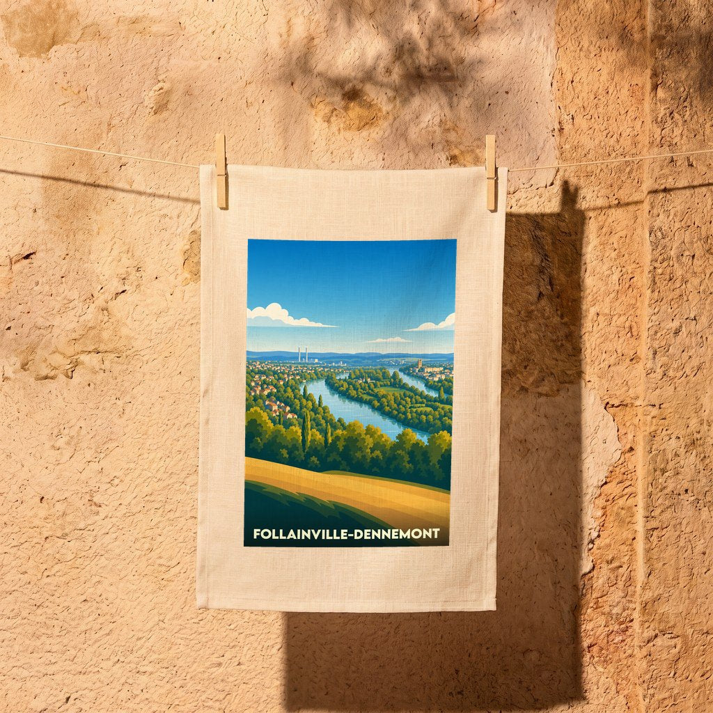 Torchon souvenir de la ville de Follainville-Dennemont avec une illustration stylisée d'un paysage de bord de Seine.