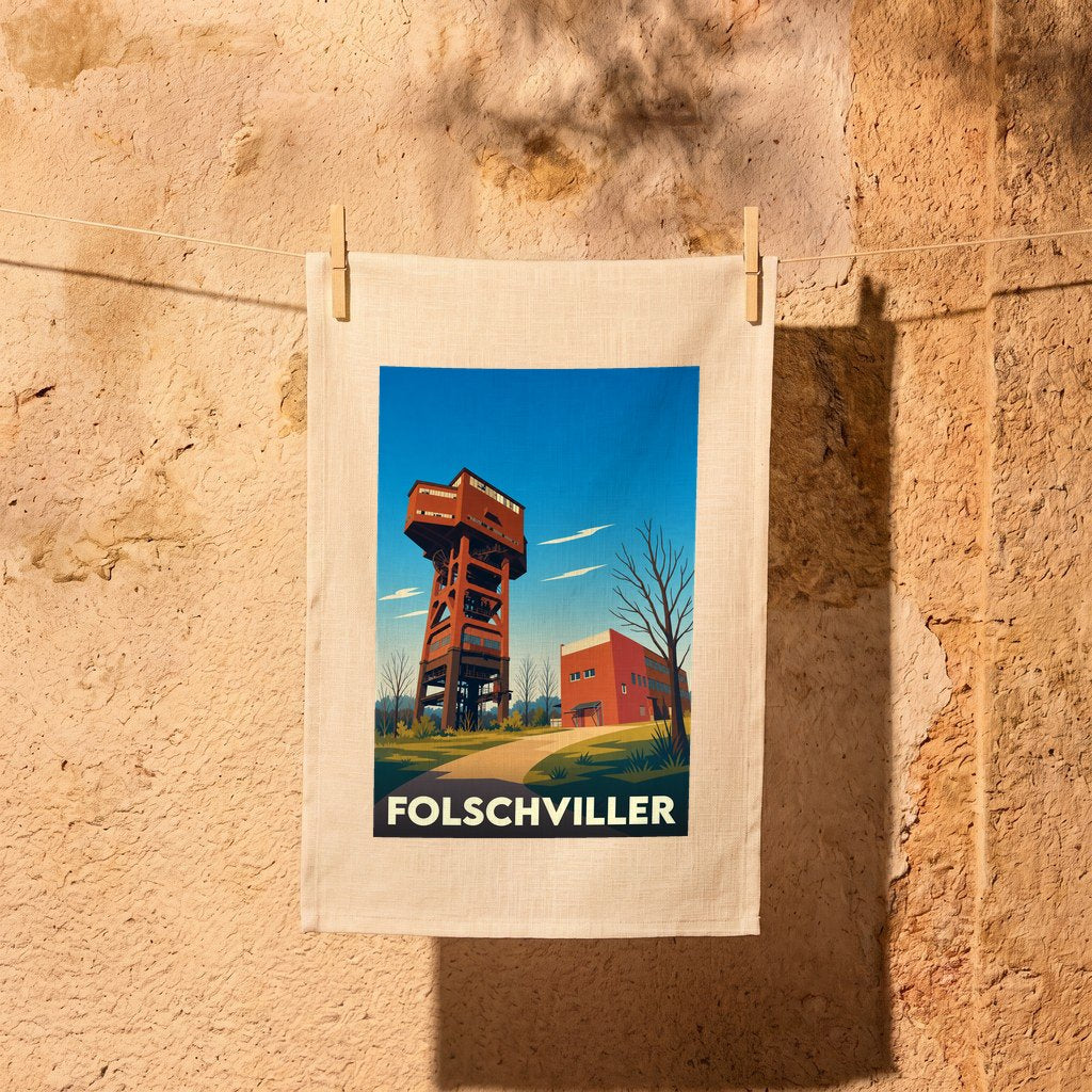 Torchon souvenir de la ville de Folschviller avec une illustration stylisée de son chevalement de mine.