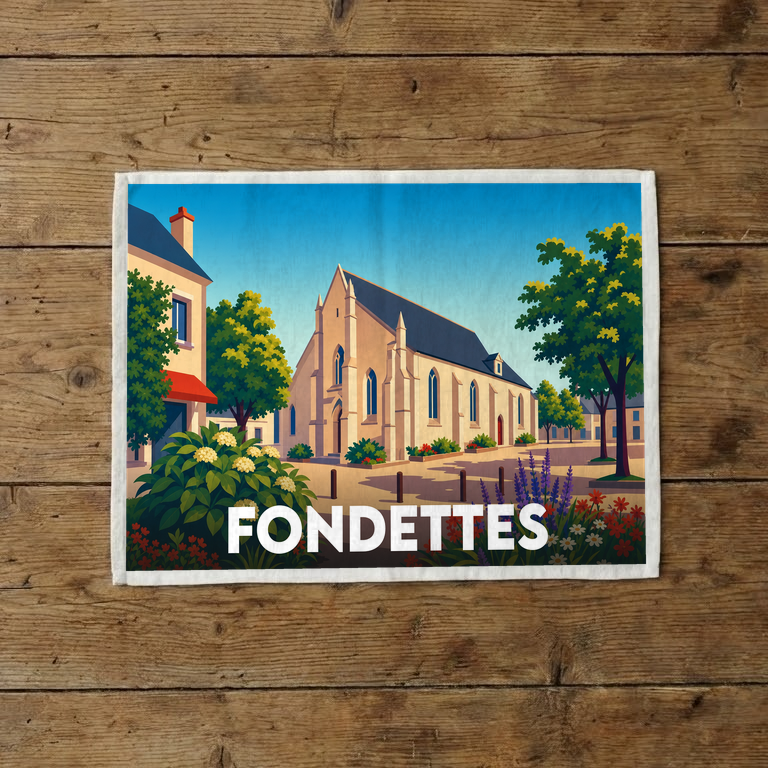 Torchon souvenir de la ville de Fondettes orné d'une illustration stylisée de son église et de ses paysages fleuris.