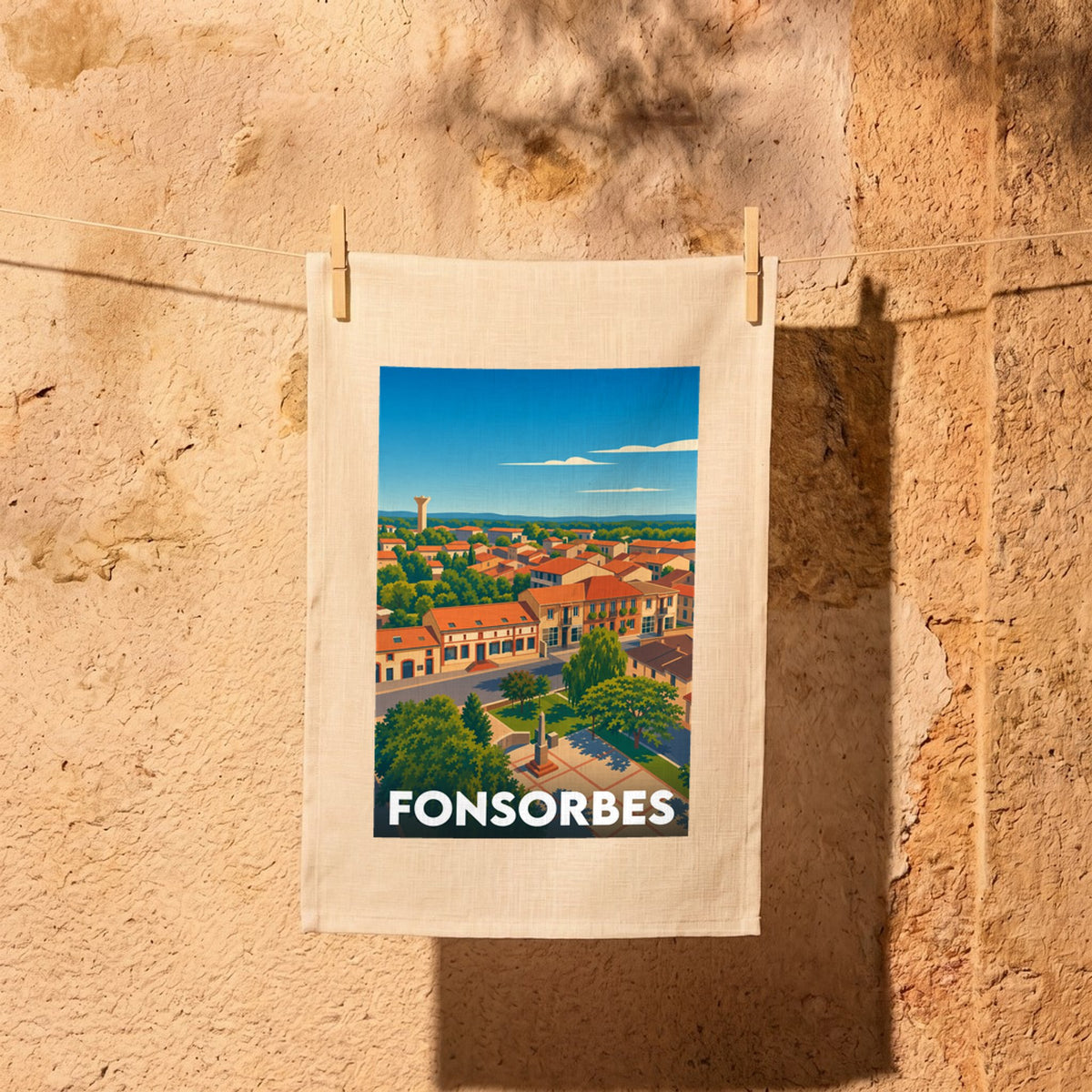 Torchon souvenir de la ville de Fonsorbes avec une illustration stylisée d'une vue aérienne.