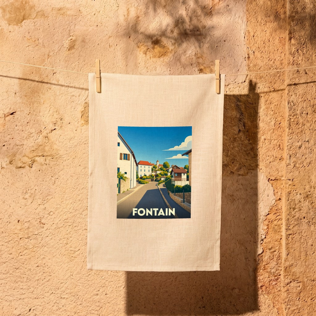 Torchon souvenir de la ville de Fontain avec une illustration stylisée d'une rue ensoleillée.