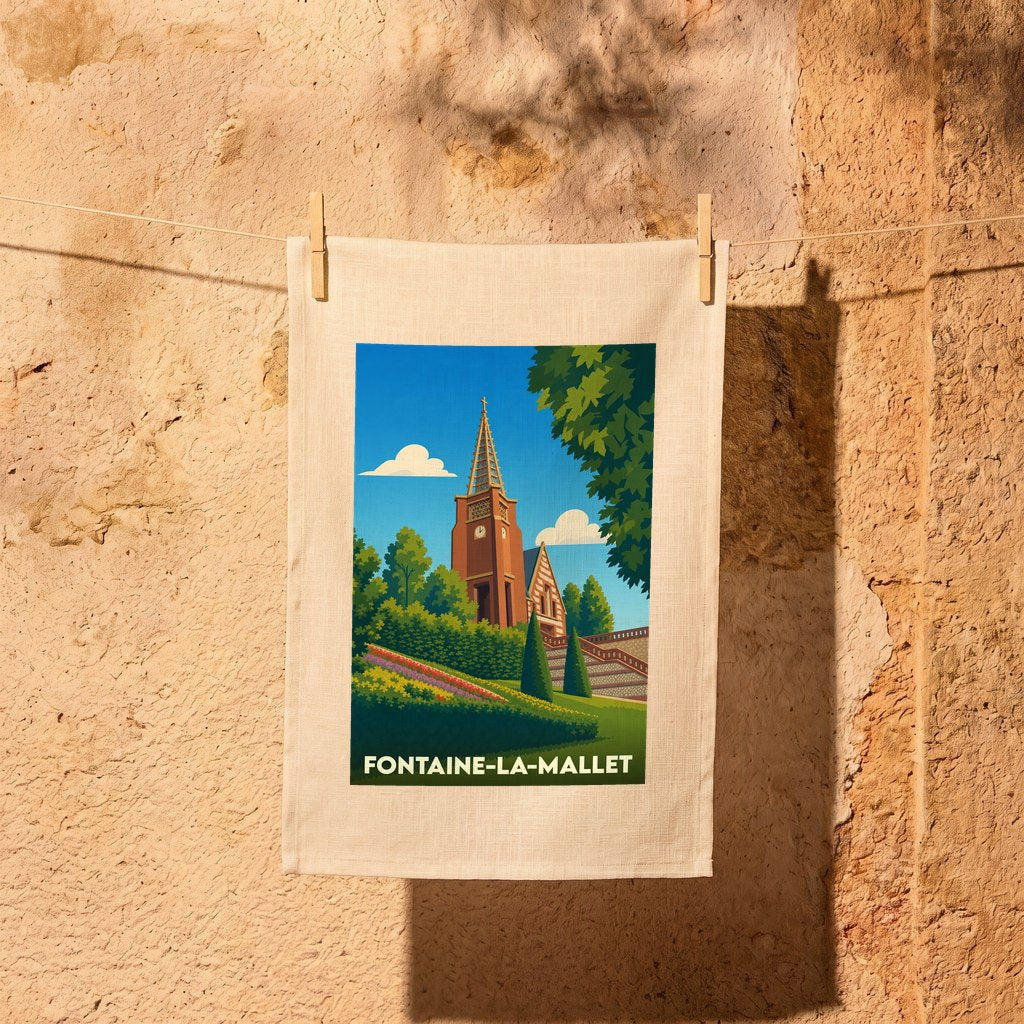 Torchon souvenir de la ville de Fontaine-la-Mallet avec une illustration stylisée de son église.