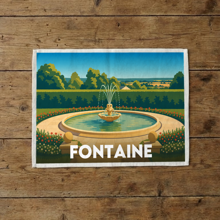 Torchon souvenir de la ville de Fontaine avec une illustration stylisée d'un jardin et d'une fontaine.