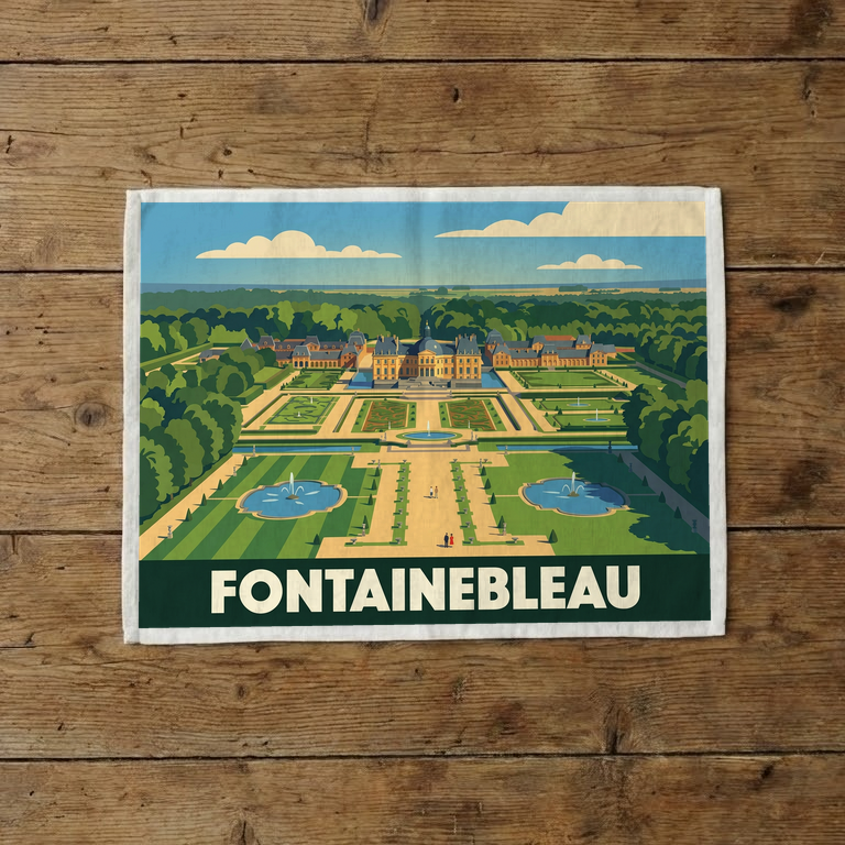 Torchon souvenir de la ville de Fontainebleau avec une illustration stylisée de son château et de ses jardins.