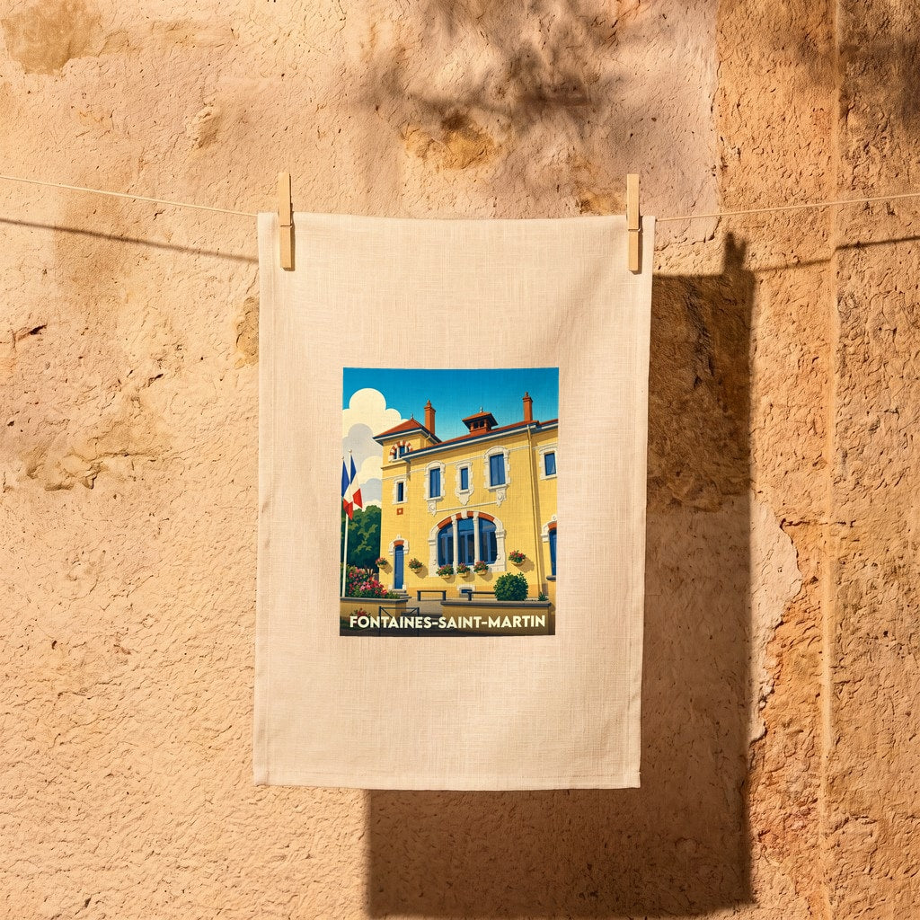 Torchon souvenir de la ville de Fontaines-Saint-Martin avec une illustration colorée d'un bâtiment emblématique sous un ciel bleu.