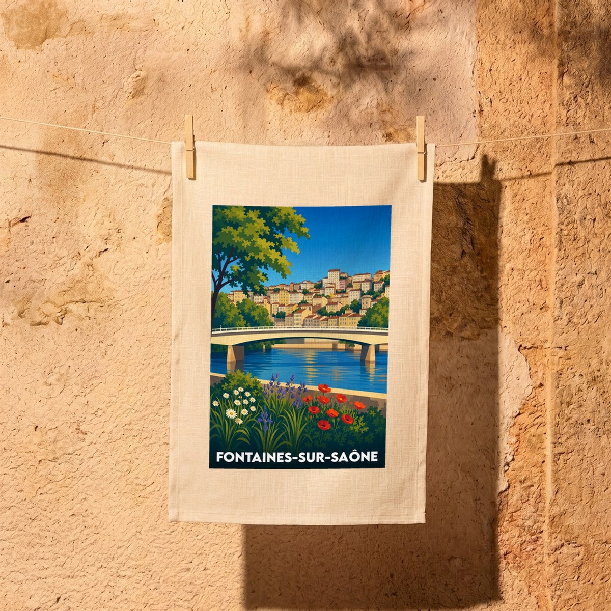 Torchon souvenir de Fontaines-sur-Saône avec une illustration stylisée de la ville et de son pont.