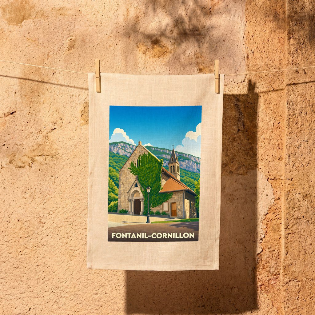Torchon souvenir de la ville de Fontanil-Cornillon avec une illustration stylisée de son église de montagne.