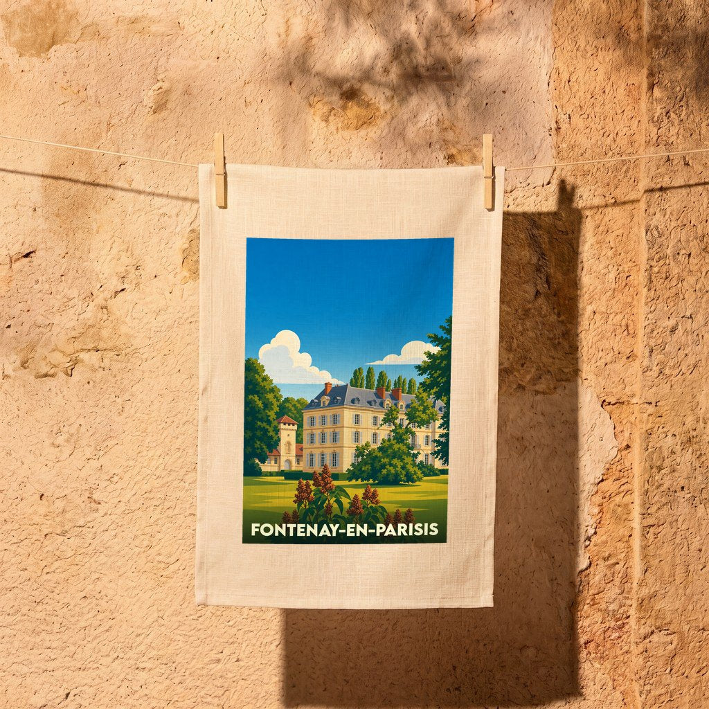 Torchon souvenir de la ville de Fontenay-en-Parisis avec une illustration stylisée d'un château.