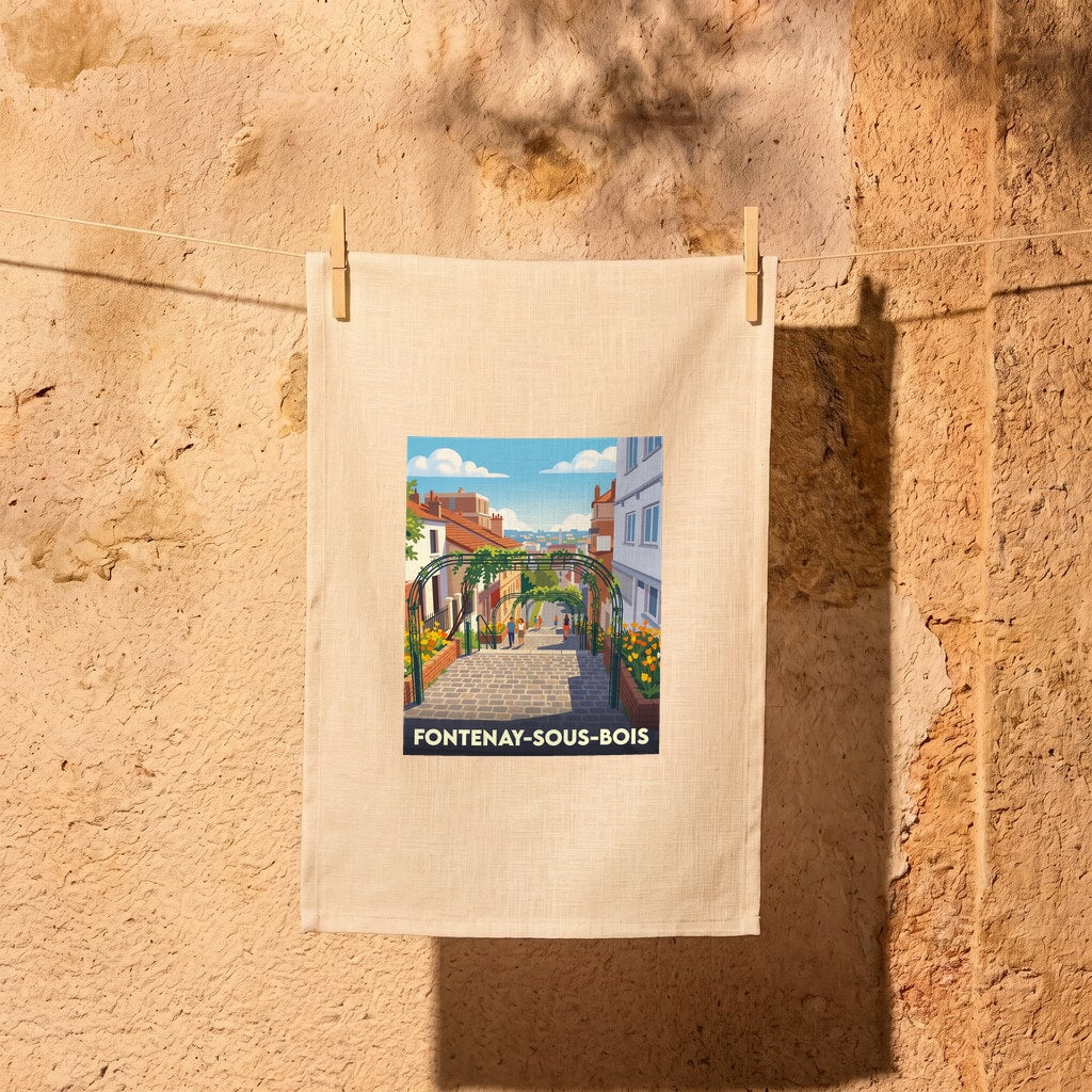 Torchon souvenir de la ville de Fontenay-sous-Bois avec une illustration stylisée de ses rues fleuries.