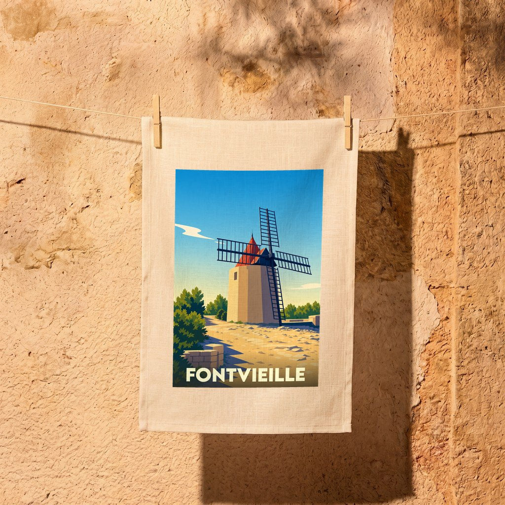 Torchon souvenir de la ville de Fontvieille illustré d'un moulin provençal stylisé.