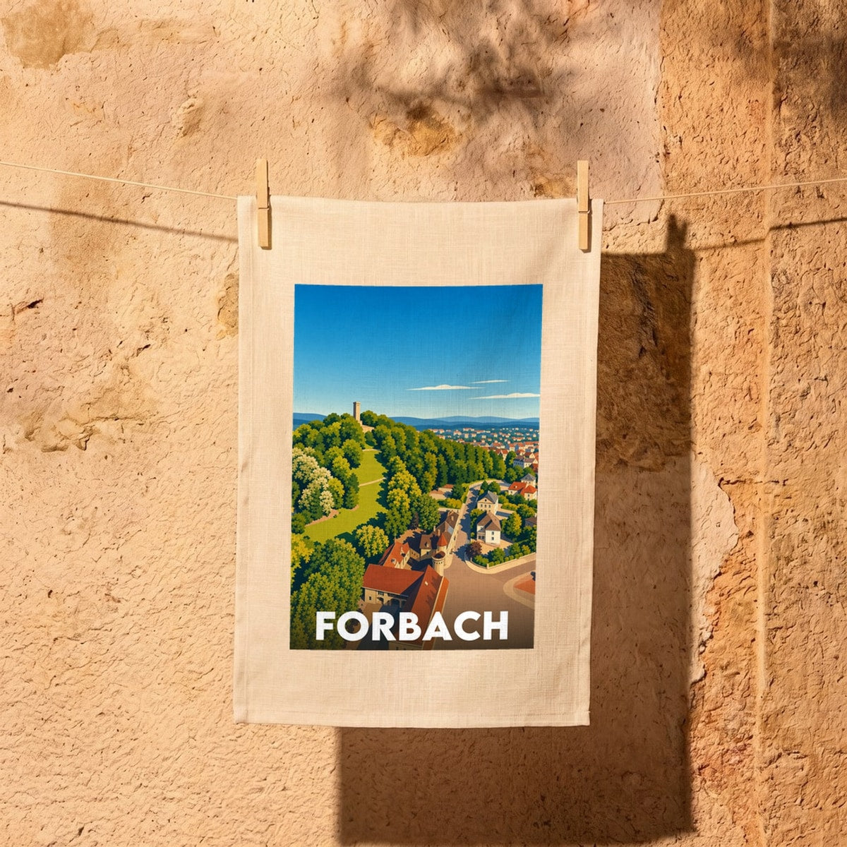 Torchon souvenir de la ville de Forbach avec une illustration stylisée de son panorama.