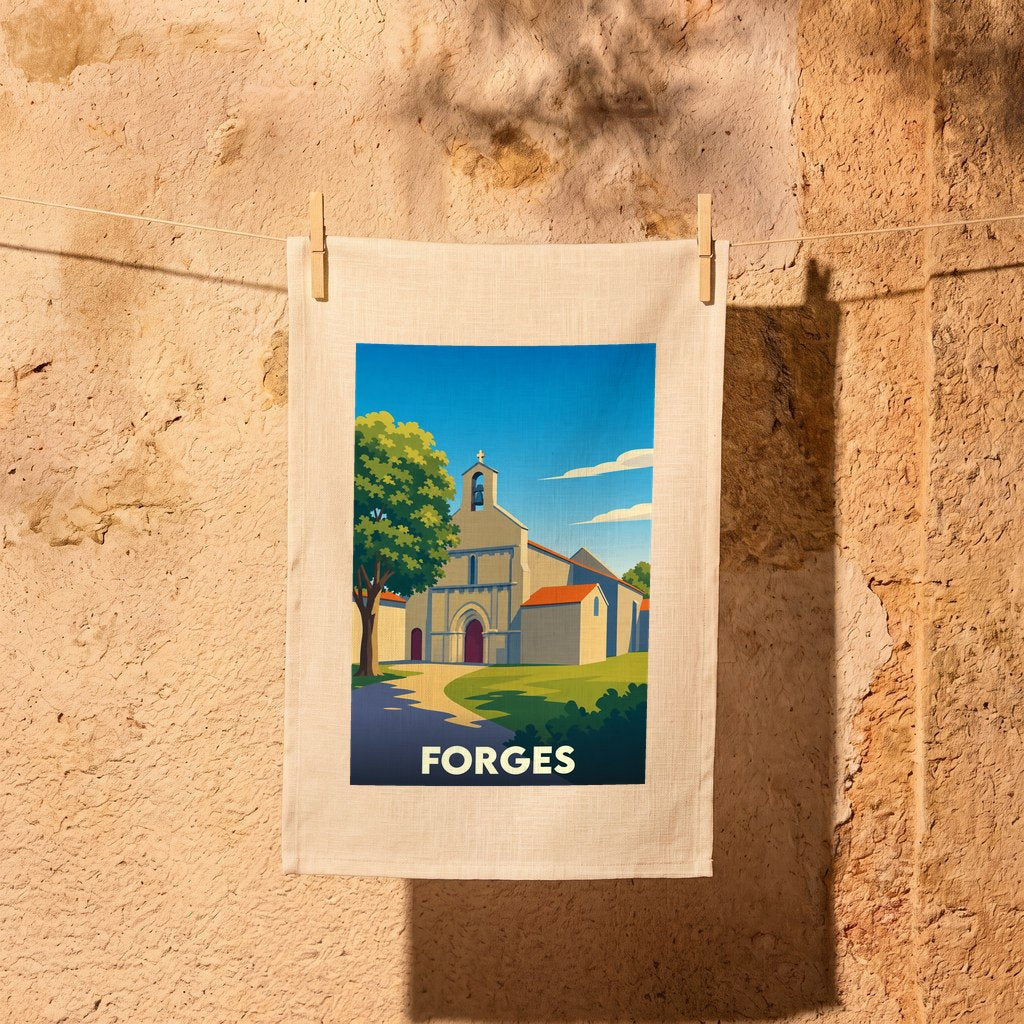 Torchon souvenir de la ville de Forges avec une illustration stylisée de son église.
