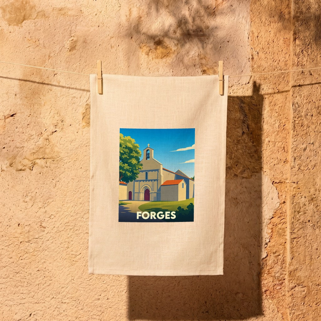 Torchon souvenir de la ville de Forges avec une illustration stylisée de son église.
