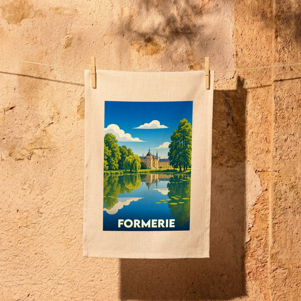 Torchon souvenir de la ville de Formerie illustré d'un château se reflétant dans un étang.