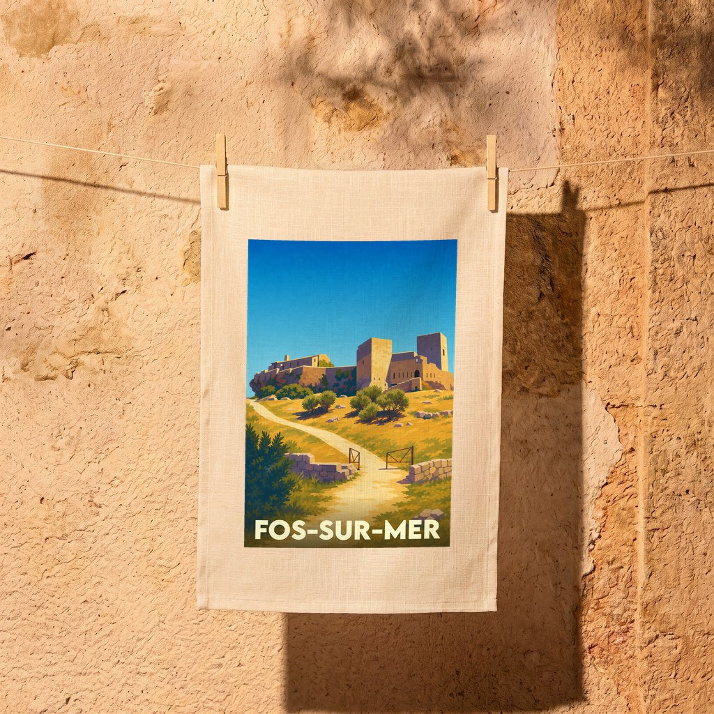 Torchon souvenir de la ville de Fos-sur-Mer avec une illustration stylisée de son château médiéval.
