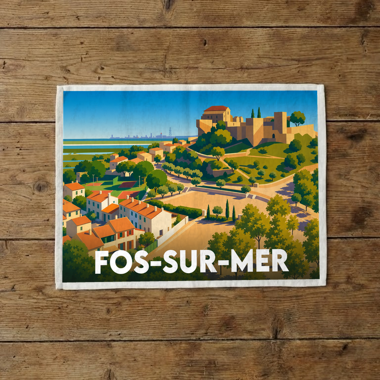 Torchon souvenir de la ville de Fos-sur-Mer illustré d'un paysage méditerranéen stylisé.
