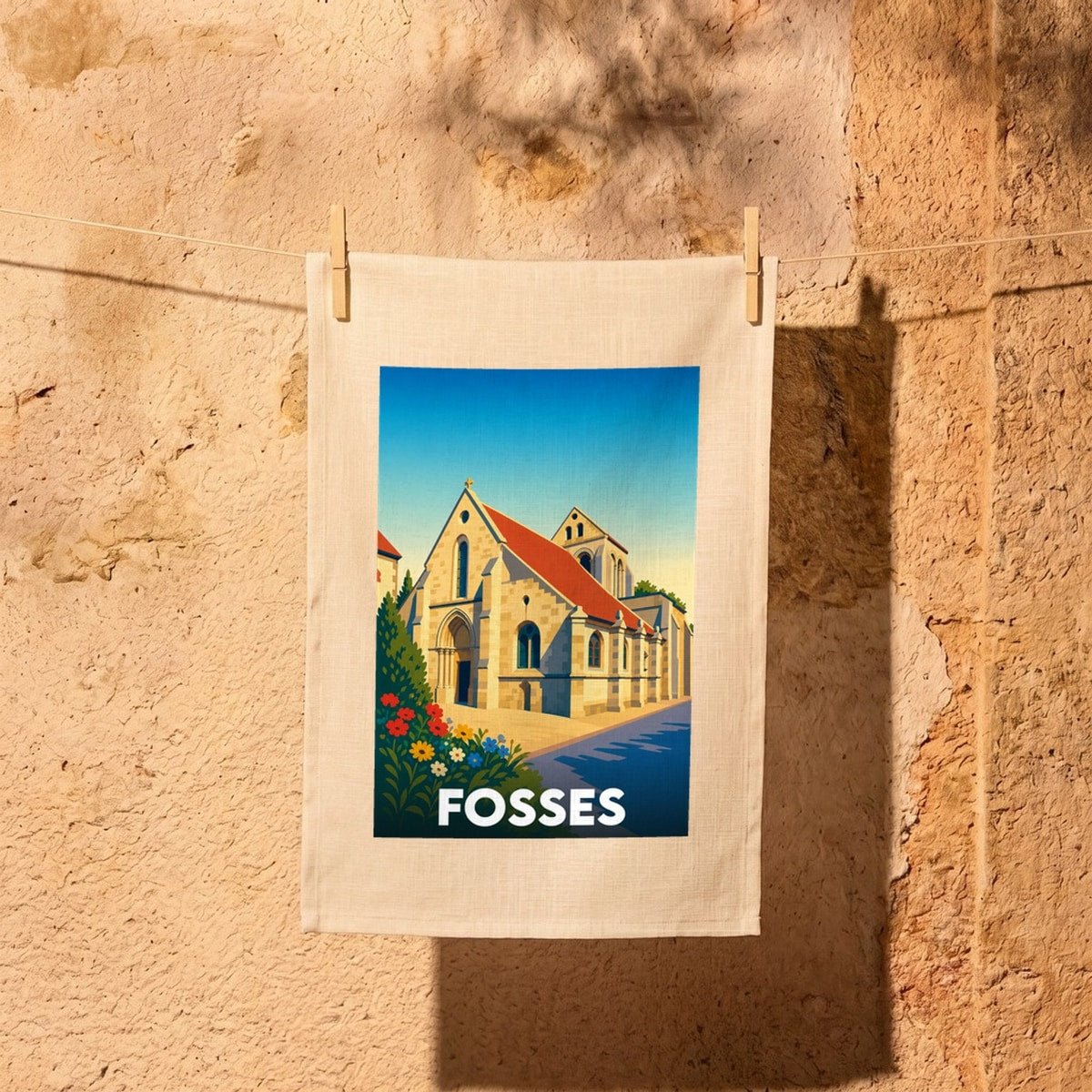 Torchon souvenir de la ville de Fosses illustré par une église stylisée sous un ciel bleu.