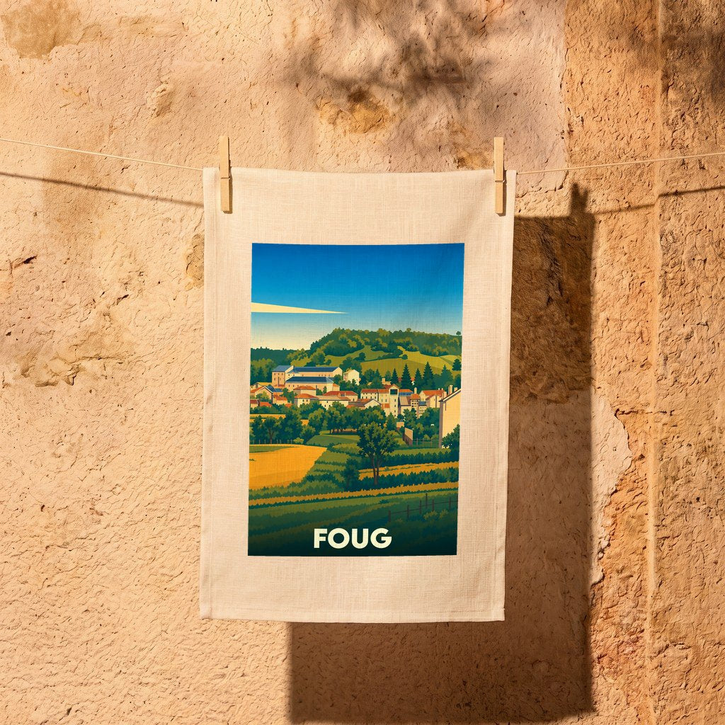 Torchon souvenir de la ville de Foug avec une illustration stylisée de son paysage urbain et rural.