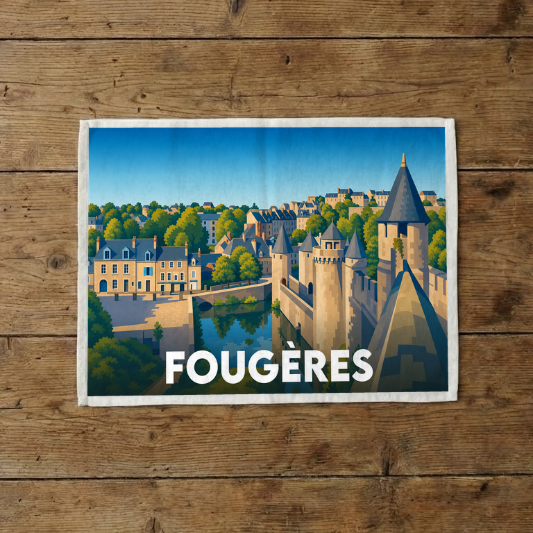 Torchon souvenir de la ville de Fougères avec une illustration stylisée de son château médiéval.