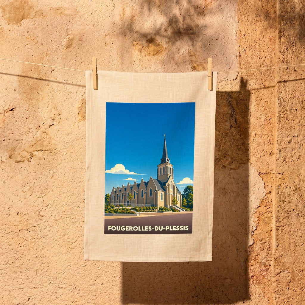 Torchon souvenir de la ville de Fougerolles-du-Plessis avec une illustration stylisée de son église.