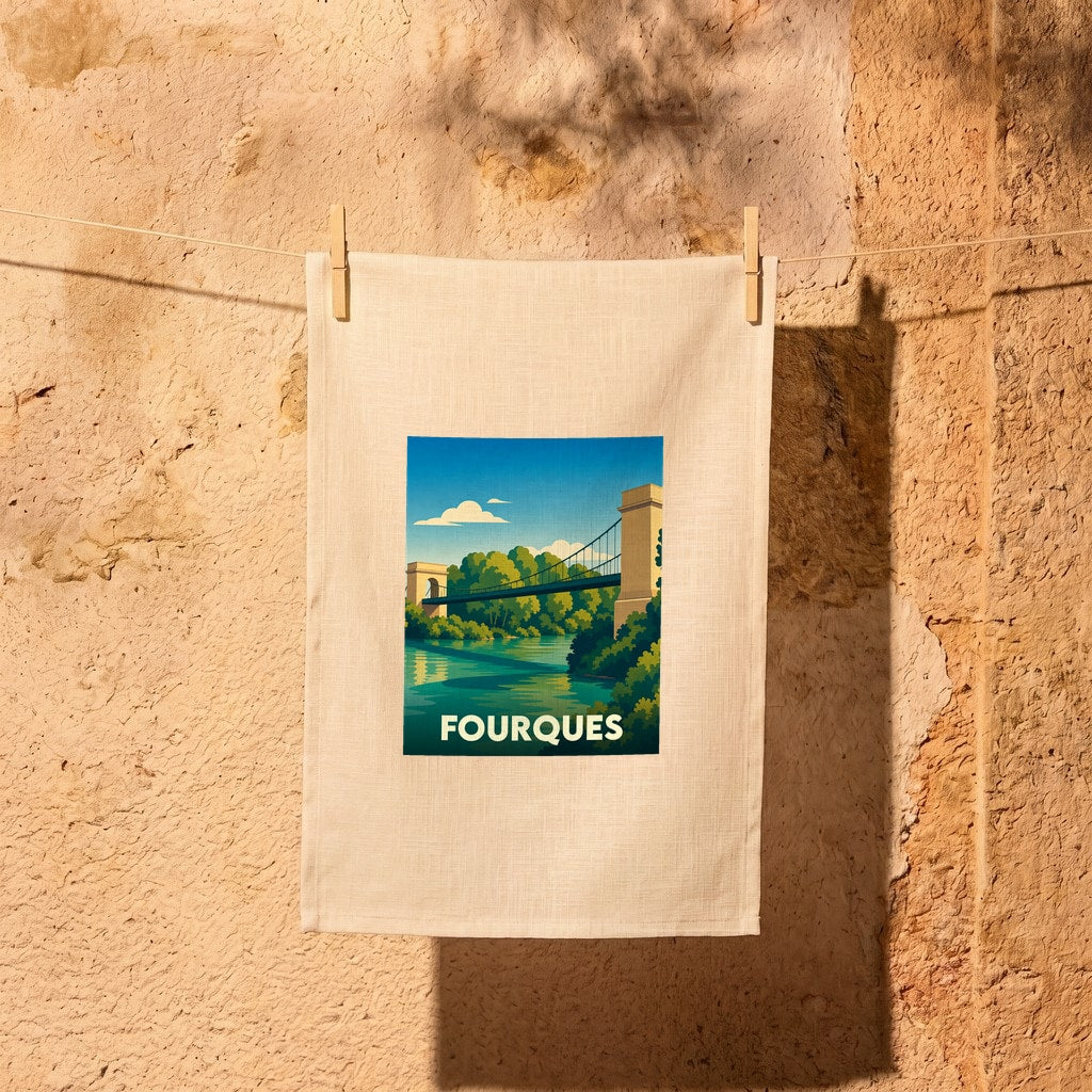 Torchon souvenir de la ville de Fourques avec une illustration stylisée d'un pont suspendu.