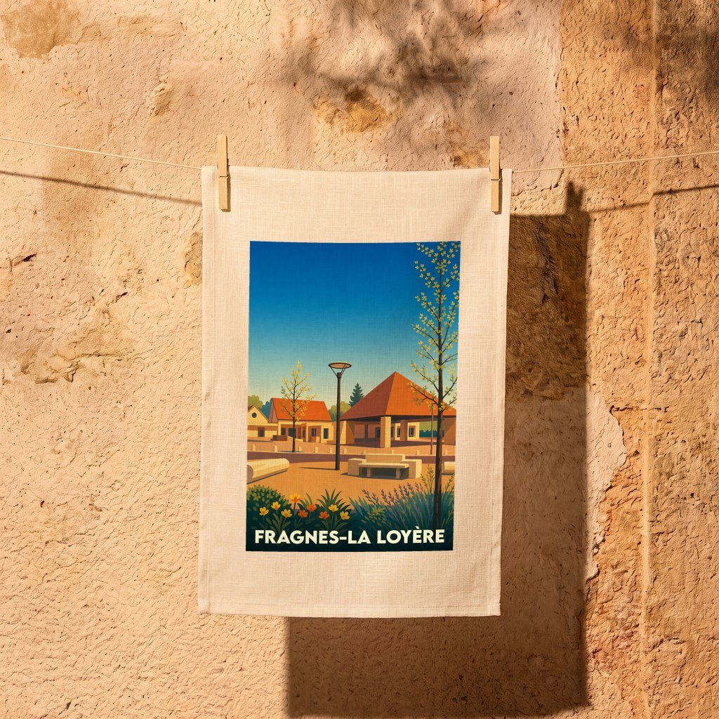 Torchon souvenir de la ville de Fragnes-la-Loyère avec une illustration stylisée d'une place ensoleillée.