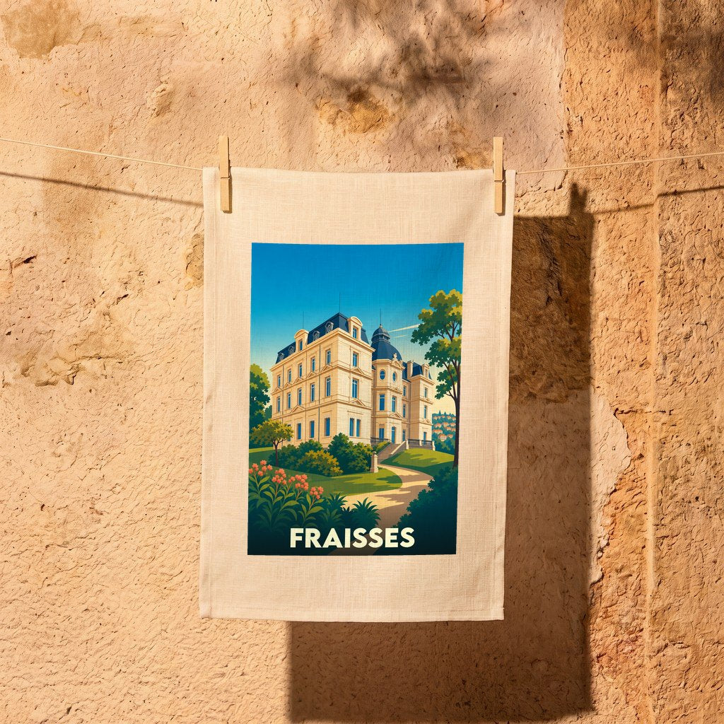 Torchon souvenir de la ville de Fraisses avec une illustration stylisée d'un château.