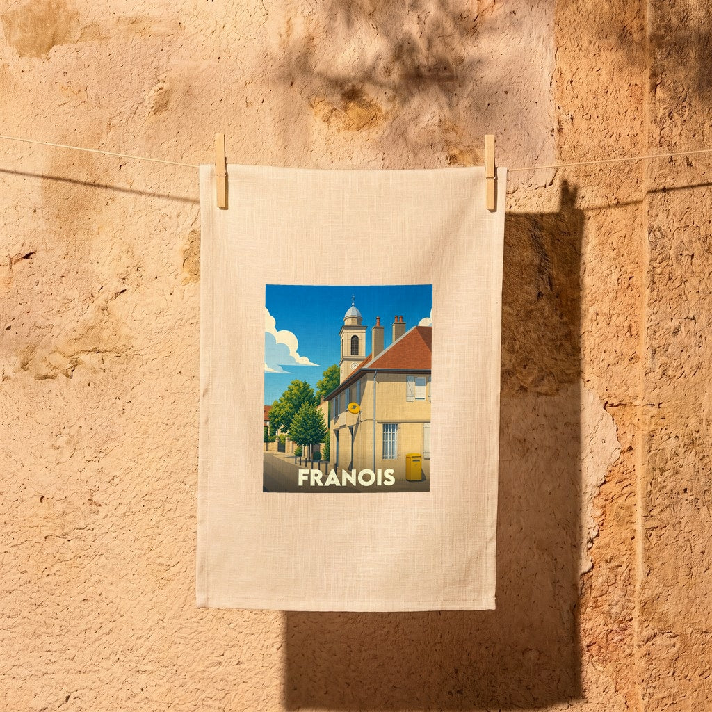 Torchon souvenir de la ville de Franois avec une illustration stylisée.