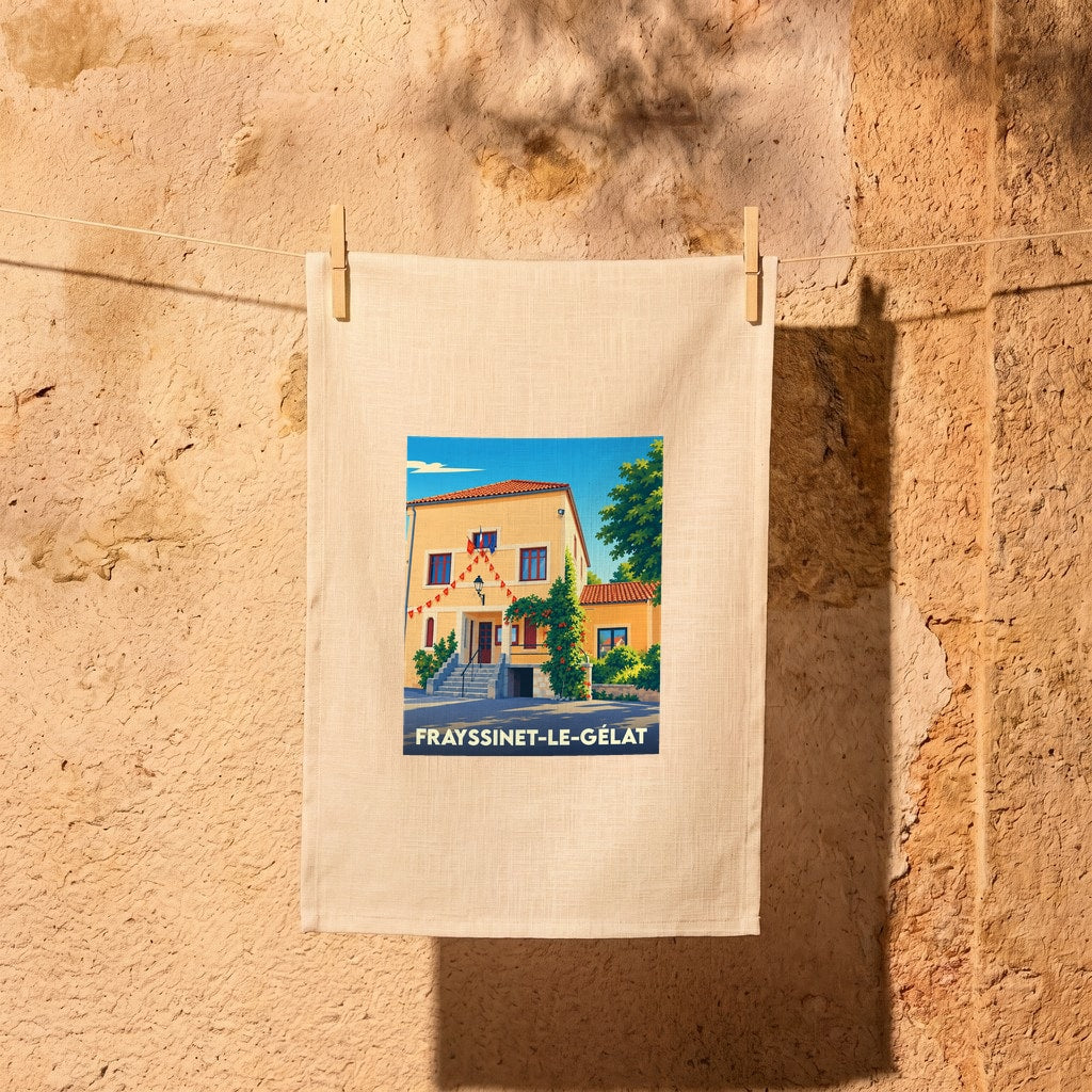 Torchon souvenir de la ville de Frayssinet-le-Gélat avec une illustration stylisée.