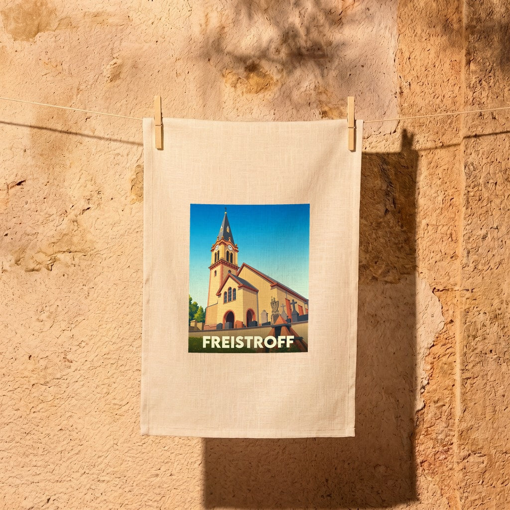 Torchon souvenir de la ville de Freistroff avec une illustration stylisée de son église.