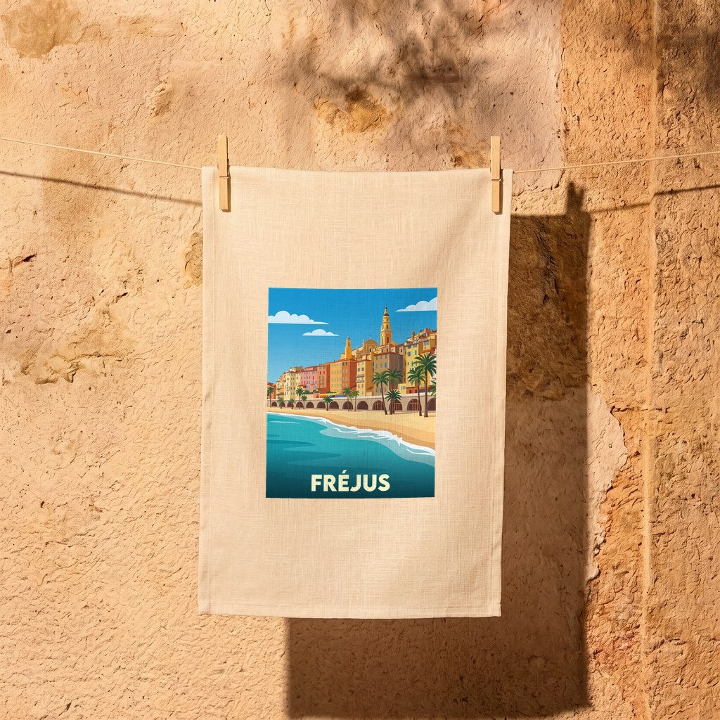 Torchon souvenir de la ville de Fréjus avec une illustration colorée et stylisée de son front de mer.